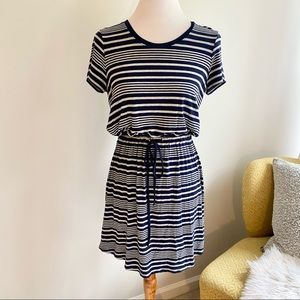 Olive & Oak Navy Blue and Gray Striped Elastic Tie Waist Knit Dress